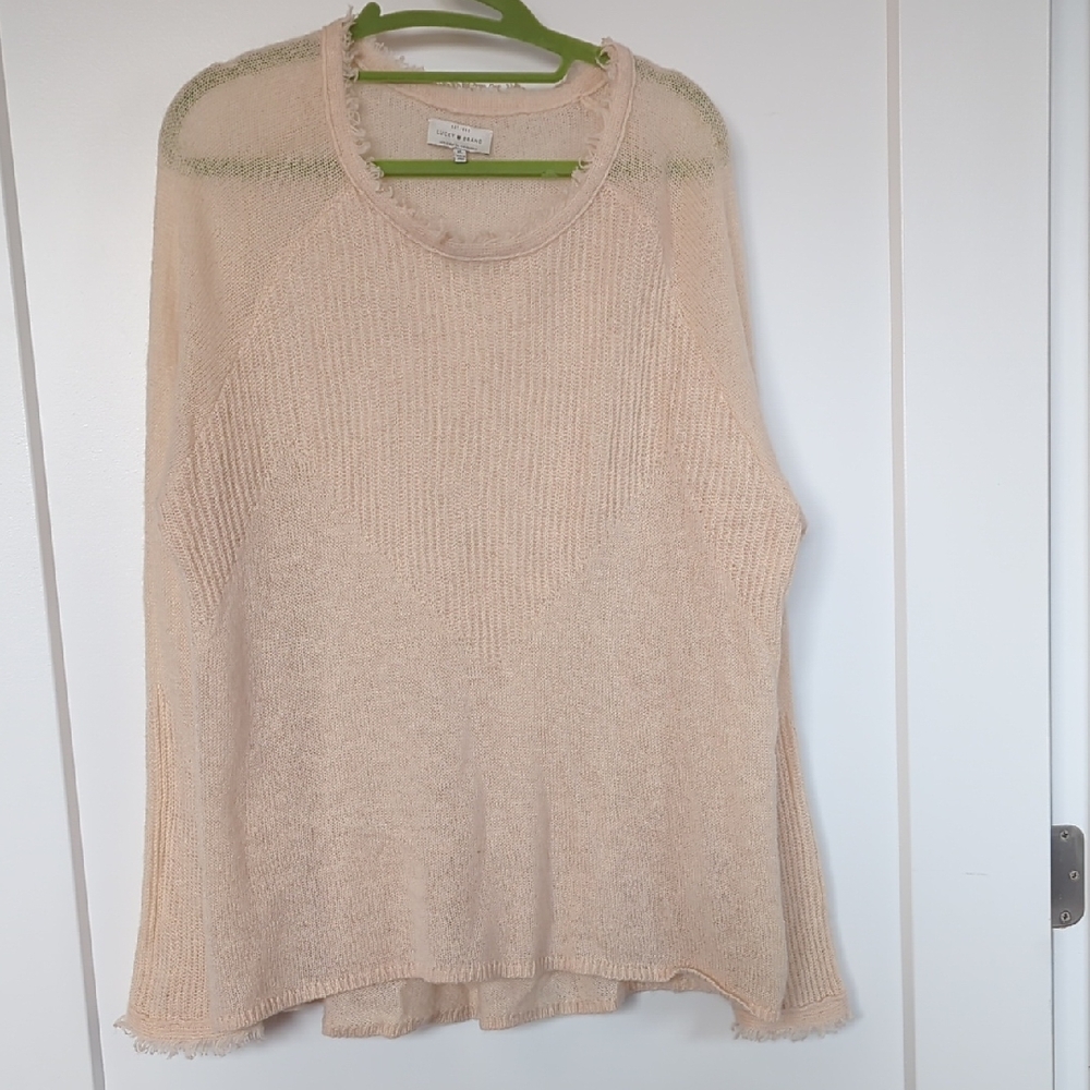 XL Lucky Brand cream sheer lightweight acrylic wool fringe detail sweater